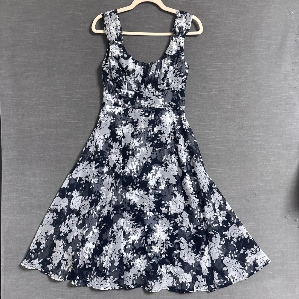 Dressbarn Dress 4 Navy Blue White Floral Fit Flare Sheer Flowy Garden Party Midi